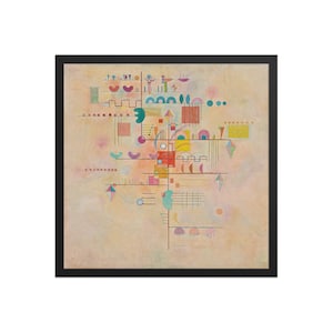 Op de afbeelding: Abstracte kunstprint met geometrische vormen in verschillende kleuren, waaronder rood, geel, blauw, groen en roze, op een lichtbeige achtergrond.