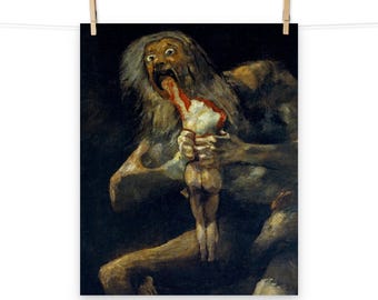 May include: A dark, dramatic painting of a monstrous figure with a long white beard, holding a small, nude figure in its hand. The monstrous figure has a gaping mouth with blood dripping from it, suggesting a scene of violence and horror.