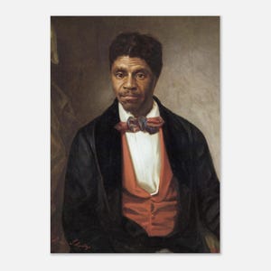 May include: A portrait of a man in a black coat, red vest, and white shirt. He has a bow tie with red, blue, and white accents. The painting has a neutral background and is signed in the lower left corner.