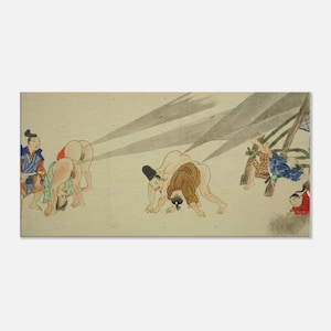 May include: A vintage Japanese print depicting several figures in various poses. The artwork features a muted color palette with figures in traditional clothing and a light background. The scene appears to be a humorous or satirical depiction of everyday life.