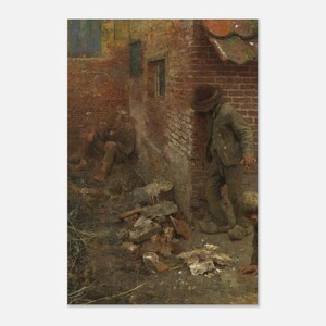 Puede incluir: Una pintura al óleo representa a dos figuras en un callejón de ladrillos. Una figura se apoya en la pared, mientras que la otra está agachada. La escena está representada en tonos tierra apagados, con énfasis en la textura y la luz.