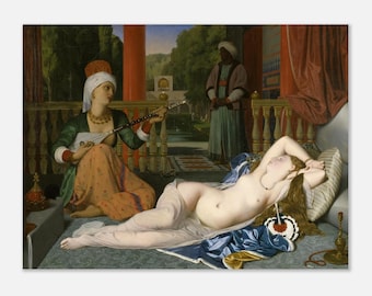 May include: A classical painting depicts a woman reclining on a bed, draped in white fabric and blue silk. Another woman sits nearby, playing a stringed instrument. A man stands in the background. The scene is set in an outdoor, palatial setting.