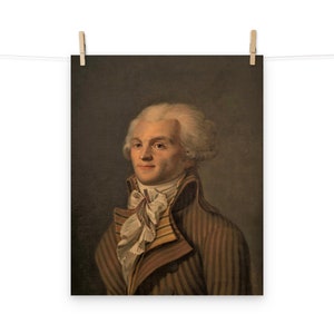 May include: A portrait painting of a man with white hair, wearing a brown and white striped jacket with a white cravat. The background is a dark brown.
