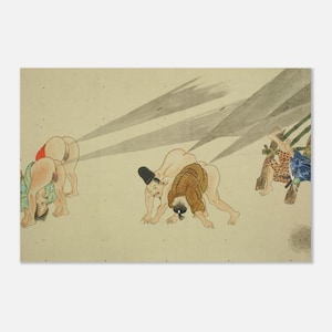 May include: A vintage Japanese print depicting several figures in a humorous scene. The figures are shown bent over, with stylized depictions of flatulence. The artwork features muted colors and traditional brushstrokes.