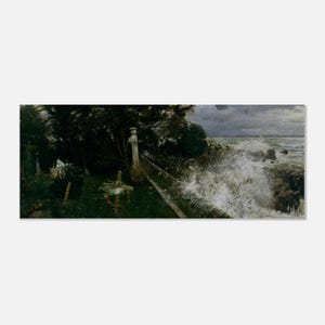 May include: A panoramic painting depicts a stormy seascape with crashing waves against a rocky shore. Dark, overcast skies loom above, while a stone wall and vegetation line the foreground, creating a dramatic contrast between land and sea.