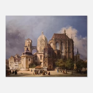 Puede incluir: Pintura antigua que representa un paisaje urbano europeo con una gran catedral, edificios con cúpulas y un puente. La obra presenta una arquitectura detallada, figuras y un cielo nublado, mostrando una escena histórica.