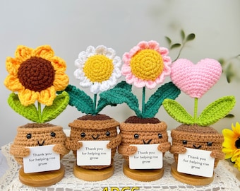 Handmade Crochet Sunflower/Daisy/Heart flower Shaped Potted-Emotional Support Plant,Father&#39;s Day Gifts-Thank you for helping me grow