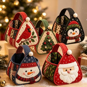 May include: Four triangular quilted fabric baskets with handles, featuring holiday designs: a red cardinal, a green Christmas tree, a black penguin, a white snowman, and a Santa Claus face, all accented with small white pom-poms on the handles.