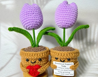 Crochet Emotional Support Tulip Pot Plant Caring Gifts,Custom Crochet Purple Tulip, Graduation present Gift for MOM/Graduates/Coworkers