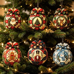 Peut inclure: Six boules de Noël sphériques avec des motifs matelassés complexes en rouge, vert et bleu. Chaque boule présente une illustration circulaire centrale représentant le Père Noël, un sapin, un cerf, un bonhomme en pain d'épice, un casse-noisette ou un bonhomme de neige, surmontée d'un nœud.