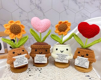 2024 Popular Mother's day Gift,Emotional Support Sunflower Gift,Express Lover Crochet Flower Pot Plant,Crochet Heart Plant,Crochet Sunflower