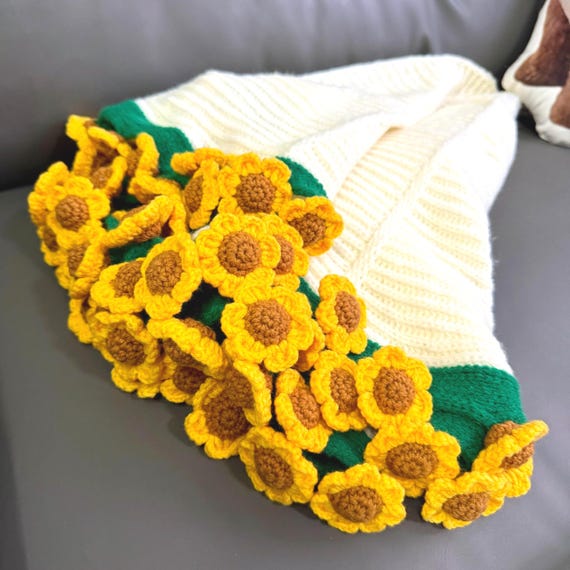 手作りかぎ針編みのひまわり/バラ/パフ/スズランブーケブランケット