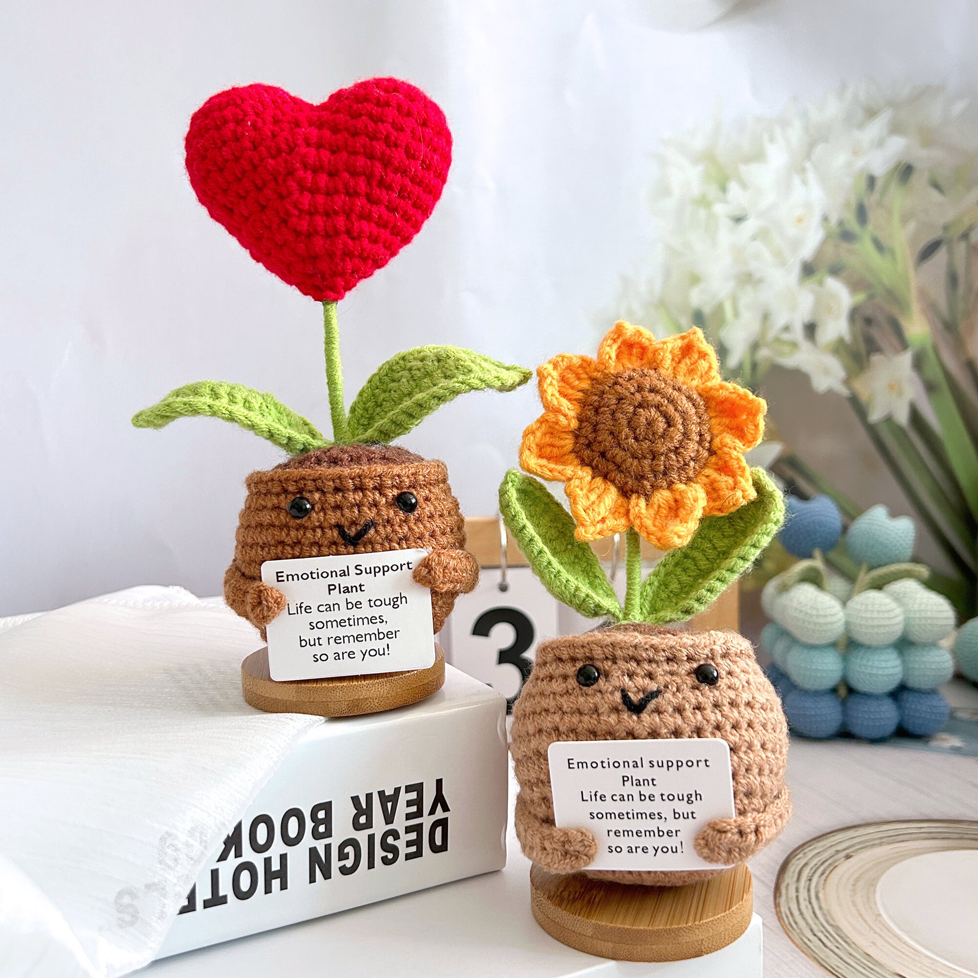 Fleur Au Crochet Positive En Pot – Décoration De Bureau Motivante – Cœur Rouge, Cadeau émotionnel