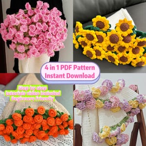 4 in 1 Häkelanleitung, gehäkelte Rose/Sonnenblume/Maiglöckchen/Nelke Blumenstrauß Decke PDF Muster, einfache Schritt-Häkel-Anleitung