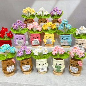 May include: A collection of colorful, crocheted flower pots with smiling faces and attached leaves. Each pot holds a different colored flower, including red, yellow, pink, purple, white, and blue. The pots have small wooden bases and include inspirational messages.
