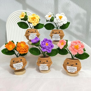 May include: A collection of six crocheted flower plants in small brown pots. Each plant features a different colored flower, including yellow, white, orange, purple, and pink. The pots have smiling faces and small signs that read "Thank you for helping me grow."