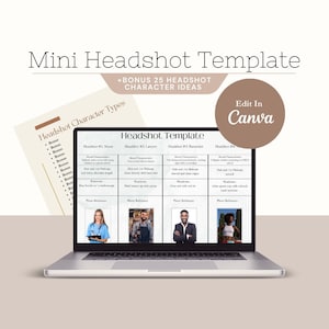 May include: A laptop screen displaying a template for creating headshots. The template includes four different character types: Nurse, Lawyer, Breeder, and a fourth character type that is cut off. Each character type has a description of their mood and characteristics, hair and makeup, wardrobe, and a photo reference. The template is titled "Headshot Template" and the laptop screen has a brown background. The text "Edit In Canva" is displayed in a brown circle on the top right corner of the screen.