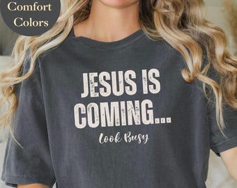Maglietta divertente sul cristianesimo, maglietta "Gesù sta arrivando, guardati impegnato", regalo umoristico religioso per lei o per lui, colori comodi e oversize per gli amanti di Gesù
