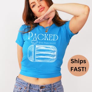 Funny Sardine Can Baby Tee, Personality TShirt, Quirky Fisherman Aesthetic Gift for Women, Retro Y2K Vintage Top
