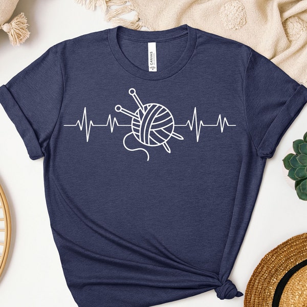 Knitting Heartbeat T-Shirt, Yarn Ball with Needles, Gift for Knitters, Mother's Day Present, Knitting Life, Knitting Group Wear, Craft Lover