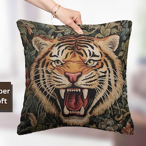 William Morris Tiger Pillow, Maximalist Home Decor, Vintage Woven Cushion, Jungle Tapestry Throw, Cottagecore Sofa Accent, Art Nouveau Style