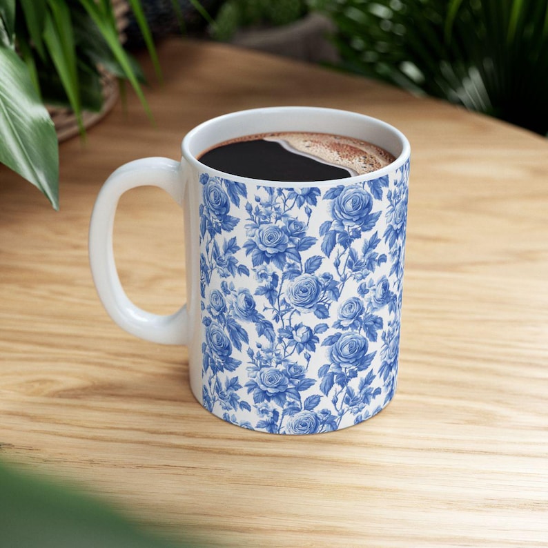 Vintage Blue Floral Mug, Chinoiserie Rose Coffee Cup, Elegant Toile Tea Cup, Cottagecore Aesthetic Gift Her, French Country Kitchen Decor image 3