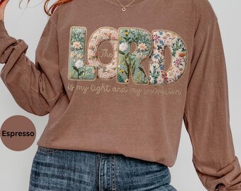 The Lord Is My Light Long T-Sleeve Shirt, Floral Top for Jesus Lovers, Comfort Colors Boho Tee, Faith Gift for Women