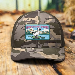 Funny Faith Trucker Cap, God’s Silliest Goose Hat, Fishing Jesus Hat, Christian Hat, Outdoorsy Bible Gift Her Him, Faux Embroidered Camo Hat