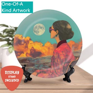 Surreal Pop Art Ceramic Plate Woman Silhouette Moon and Clouds Decorative Wall Art Table Display Unique Artistic Home Decor Xmas Gift Idea