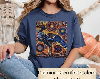 Vibrant Aussie Boho Emu Dot Art TShirt Native Bird Painting Desert Colors Gift for Nature Lovers Men and Women Animal Spirit Downunder Tee