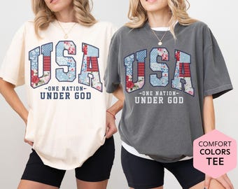 Independence Day Shirt, Faux Patchwork USA Sweatshirt for Women, Christian July Fourth Tee, Retro Patriotic Gift for Her, Faith Tee or Top