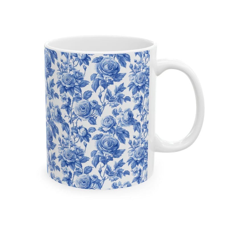 Elegant Chinoiserie Coffee Cup featuring blue roses, perfect for tea lovers who appreciate timeless floral patterns and vintage-inspired drinkware.