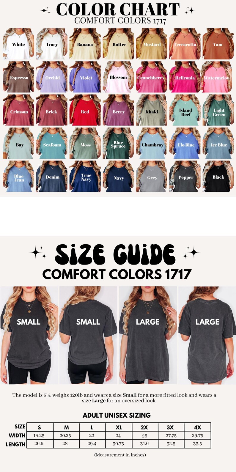 Pu&ograve; includere: Una cartella colori per le t-shirt Comfort Colors 1717, che mostra 24 colori diversi. La tabella include anche una guida alle taglie per le taglie unisex per adulti, con misure in pollici per larghezza e lunghezza.