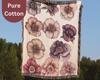 Boho Peony Woven Blanket Watercolor Floral Tapestry Earth Tones Fringe Throw Cozy Flower Decor Unique Gift for Her or Him Aesthetic Present