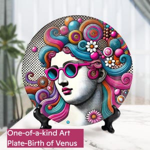 Colorful Art Decorative Dish, Unique Wall Decor, Birth of Venus Display Plate with Stand, Modern Abstract Pop Art, Home Accent Gift Idea