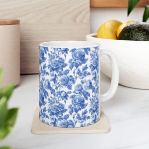Vintage Blue Floral Mug, Chinoiserie Rose Coffee Cup, Elegant Toile Tea Cup, Cottagecore Aesthetic Gift Her, French Country Kitchen Decor