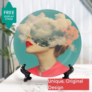 Surreal Art Decorative Plate, Unique Wall Decorations for Living Room, Abstract Modern Display Plate with Free Stand, Contemporary Gift Idea