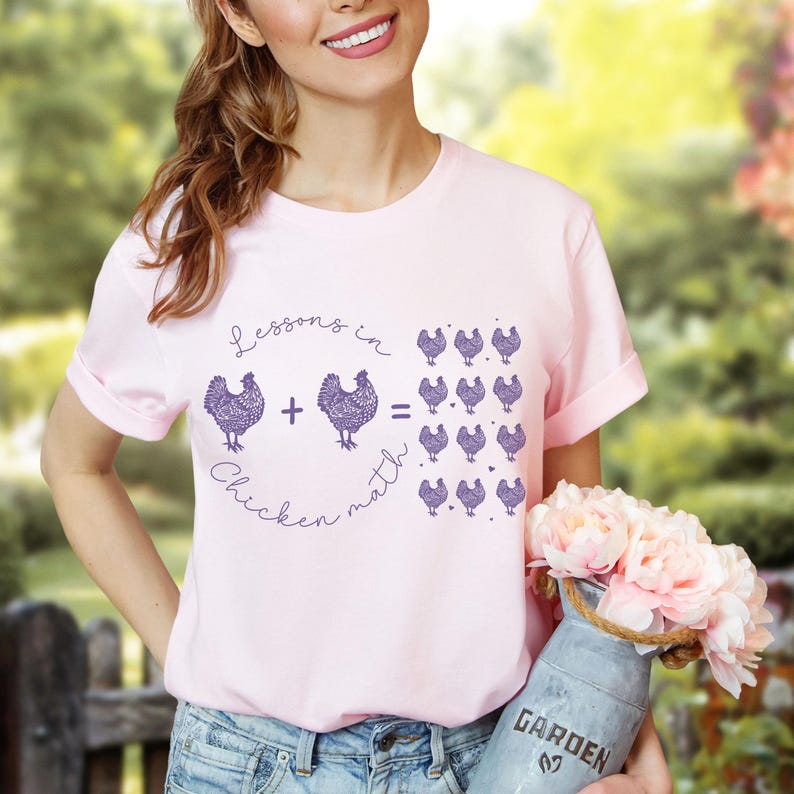 Chicken lover t-shirt with a humorous chicken math theme, making it a perfect gift for chicken moms and fans of roosters and peckers. A fun and quirky shirt for anyone who enjoys poultry humor.