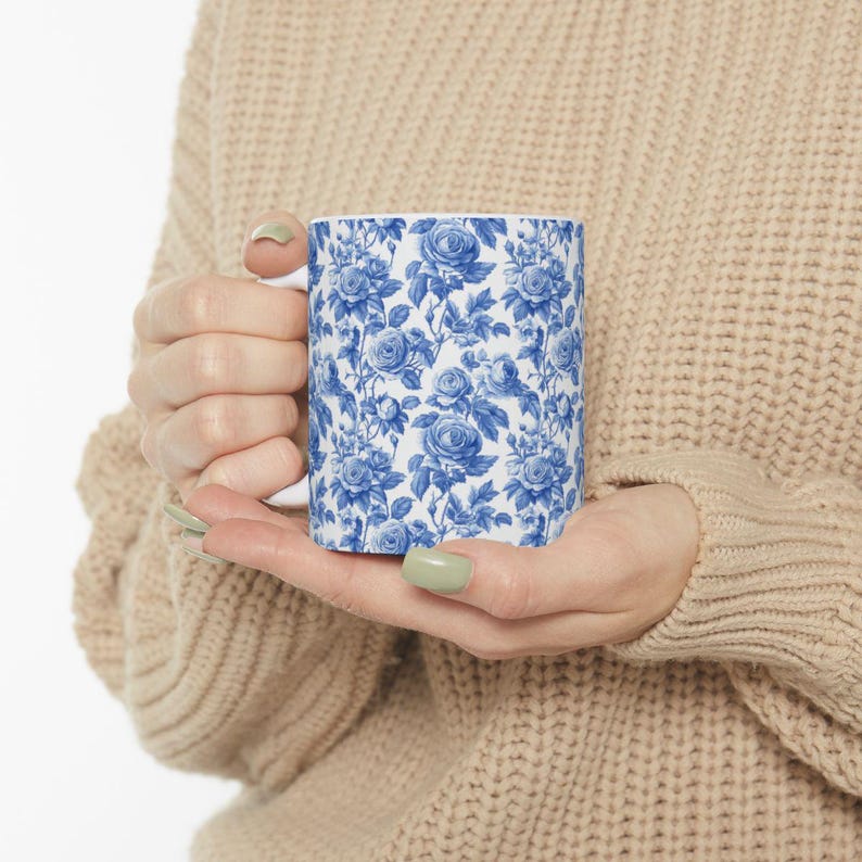 Beautiful Cottagecore Aesthetic Mug with intricate blue floral prints, a great tea cup gift for her or anyone who loves farmhouse-style decor.