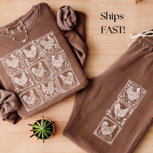 Comfort Colors Boho Woodblock Lounge Set, Cozy Cottagecore Chicken Sweatshirt Joggers, Rustic Gift for Her, Country Girl Homesteading Set