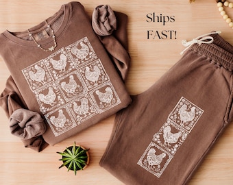 Comfort Colors Boho Woodblock Lounge Set, Cozy Cottagecore Chicken Sweatshirt Joggers, Rustic Gift for Her, Country Girl Homesteading Set