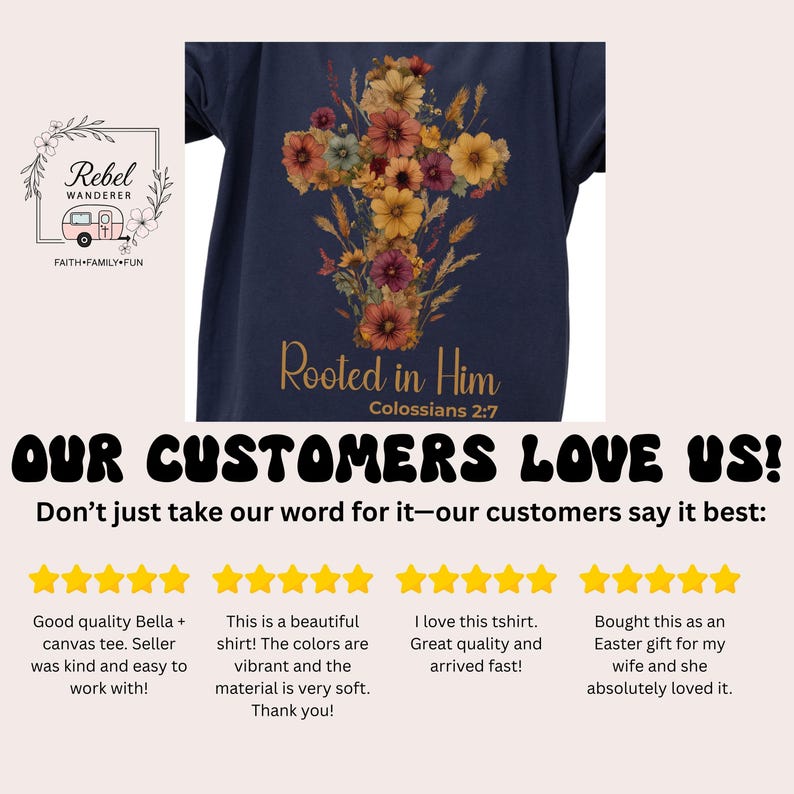 K&ouml;nnte beinhalten: Marineblaues T-Shirt mit floralem Kreuz-Design, dem Text "Rooted in Him" und "Kolosser 2:7". Das T-Shirt hat auch das Logo "Rebel Wanderer" und Kundenbewertungen.