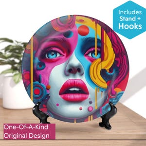 Modern Pop Art Ceramic Plate Surrealist Female Portrait Wall Art or Table Display Two Sizes Unique Home Decor Gift Idea Christmas Birthday