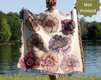 Boho Peony Woven Blanket Watercolor Floral Tapestry Earth Tones Fringe Throw Cozy Flower Decor Unique Gift for Her or Him Aesthetic Present