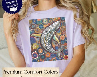 Indigenous Dot Art Whale Shirt, Aboriginal Tee, Comfort Colors, Humpback Animal Dreaming Motif, Gift for Art Collectors