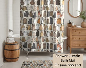 Cute Cat Shower Curtain, Matching Bath Mat Small or Large, Funny Cat Bathroom Decor, Cat Lover Gift, Aesthetic Cat Print Shower Curtain Set