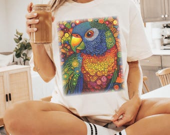 Aboriginal Art Shirt, Tropical Parrot Pointillism Tee, Vibrant Wildlife Print, Boho Bird Lover Gift for Her or Him, Tribal Rainbow Lorikeet