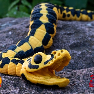 Può includere: Un giocattolo a forma di serpente giallo e nero con un corpo segmentato e una bocca aperta. Il giocattolo è fatto di plastica e ha un aspetto realistico. Il serpente è sdraiato su una roccia grigia.