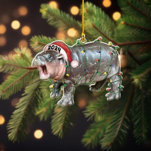 Moo Deng Ornament, Moo Deng Santa Hat Christmas Acrylic Ornament, moo deng christmas ornament, Hippo Christmas Ornament