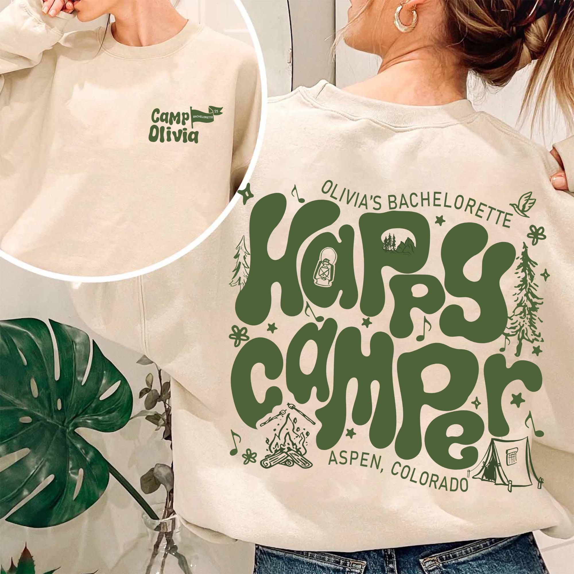 Custom Camp Bachelorette Party Shirt, Happy Camper Shirt, Cabin Mountain Bride Tee, Camping Bridesmaid Gift, Summer Camp Theme Party Shirt